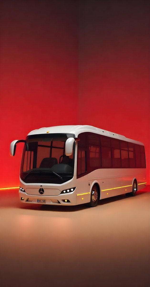 A White Mercedes Benz Tourismo Bus With Black Windows And A White Background With Neon Lights 9 Cec5