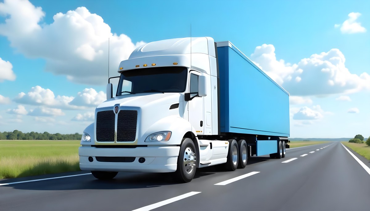 A White Truck On An Asphalt Road With A White Grille And A Blue Container Under A Blue Sky With White Clouds 1 96ac