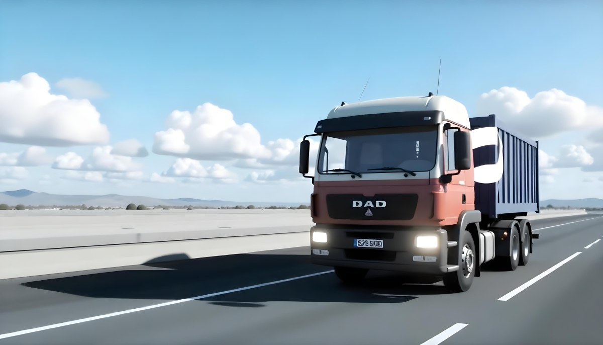 A White Truck On An Asphalt Road With A White Grille And A Blue Container Under A Blue Sky With White Clouds 12 F4cd