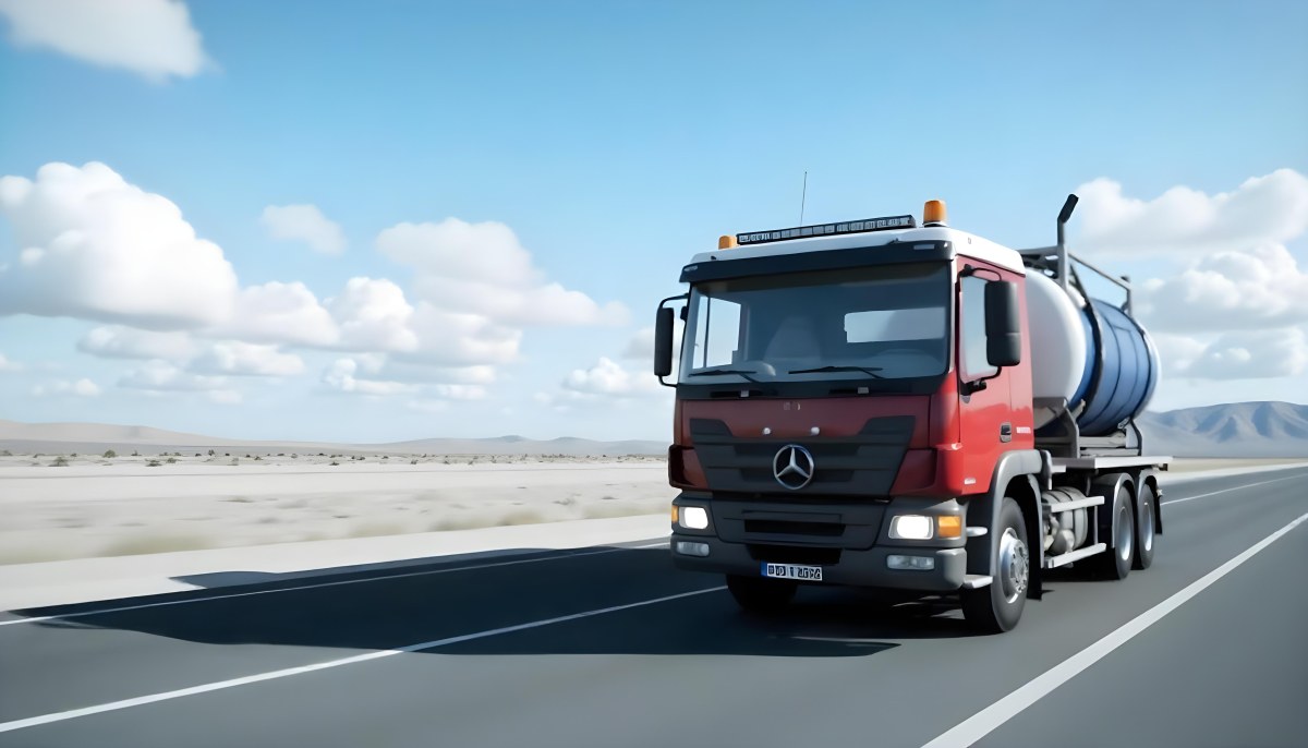 A White Truck On An Asphalt Road With A White Grille And A Blue Container Under A Blue Sky With White Clouds 18 De20