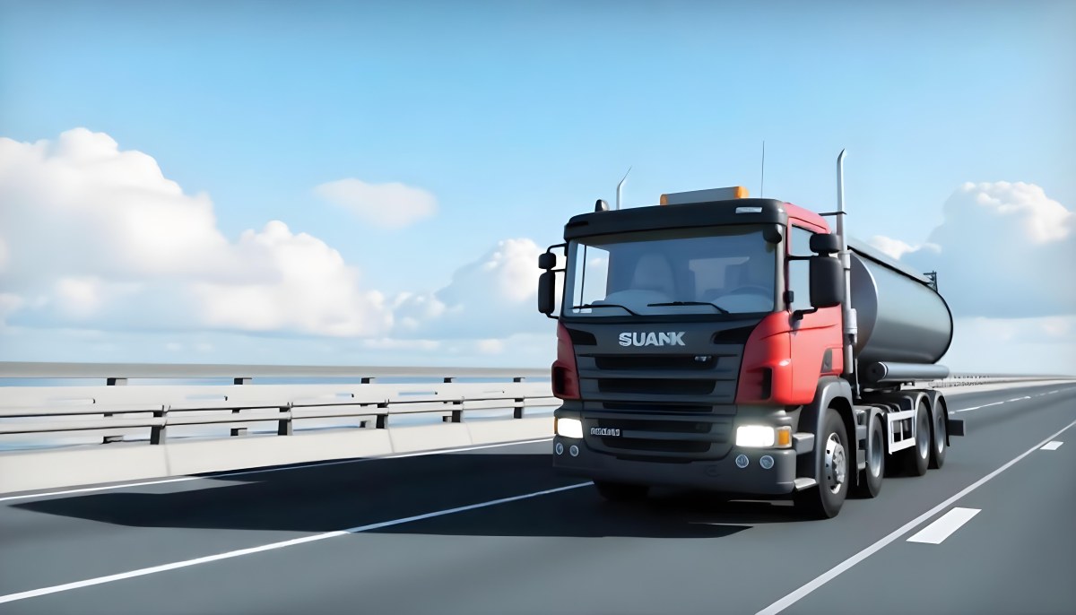 A White Truck On An Asphalt Road With A White Grille And A Blue Container Under A Blue Sky With White Clouds 21 E84d