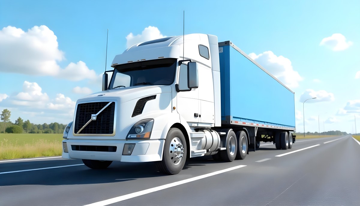 A White Truck On An Asphalt Road With A White Grille And A Blue Container Under A Blue Sky With White Clouds 24 8b49