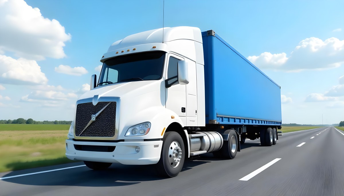 A White Truck On An Asphalt Road With A White Grille And A Blue Container Under A Blue Sky With White Clouds 26 C771