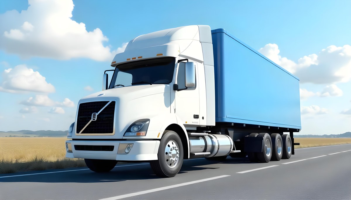 A White Truck On An Asphalt Road With A White Grille And A Blue Container Under A Blue Sky With White Clouds 33 8d9a