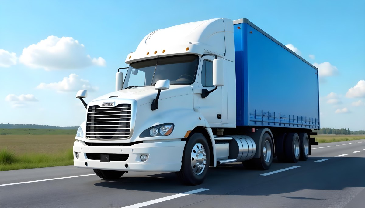 A White Truck On An Asphalt Road With A White Grille And A Blue Container Under A Blue Sky With White Clouds 34 Fb2f