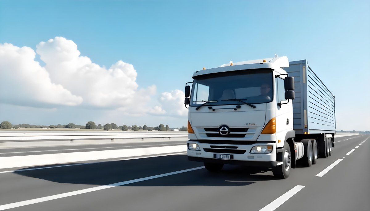 A White Truck On An Asphalt Road With A White Grille And A Blue Container Under A Blue Sky With White Clouds 35 Aa10