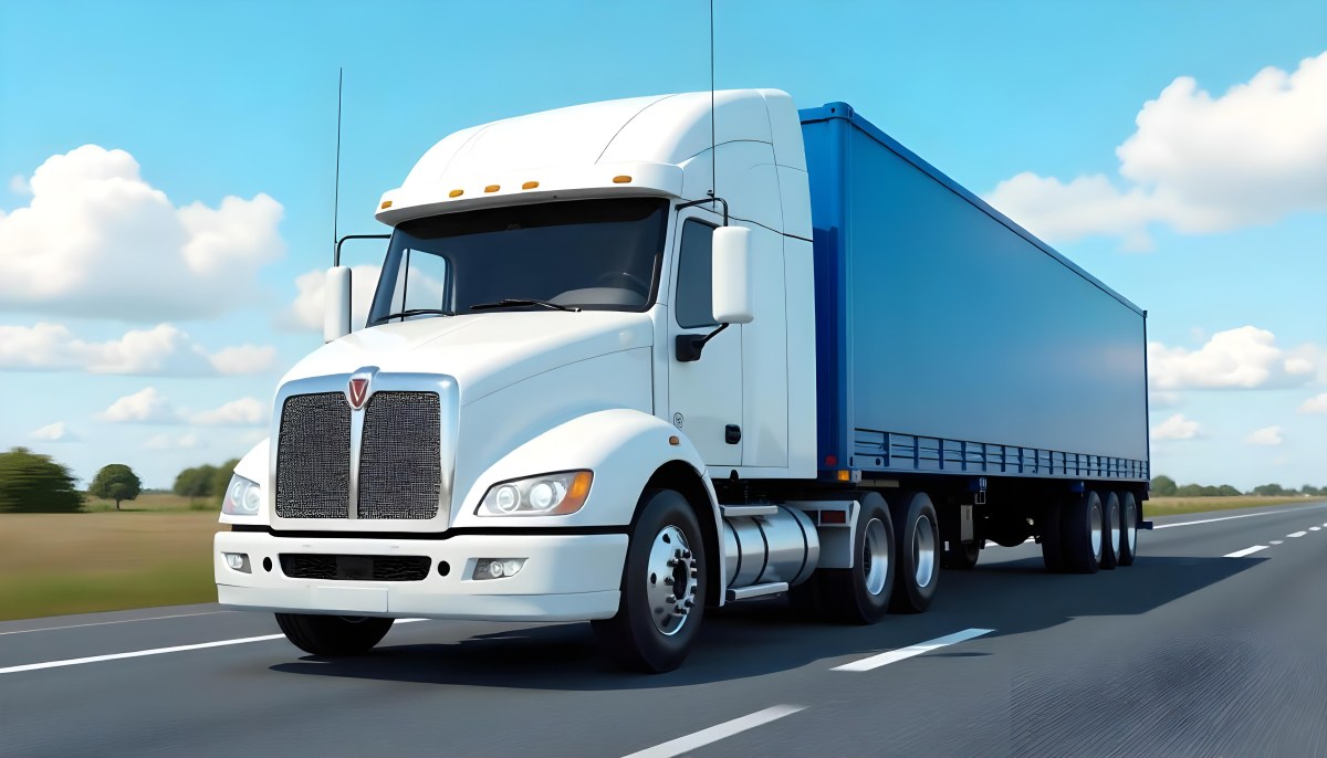 A White Truck On An Asphalt Road With A White Grille And A Blue Container Under A Blue Sky With White Clouds 8 381d