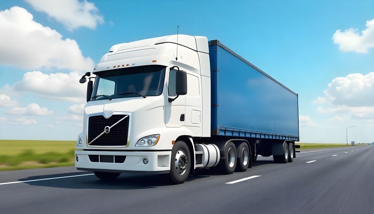 A White Truck On An Asphalt Road With A White Grille And A Blue Container Under A Blue Sky With White Clouds 9 6cc4