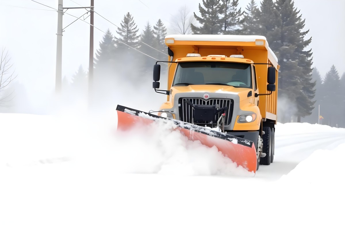 A Yellow Snowplow Truck Plowing Snow On A Road The Background Is A Snowy Landscape With Trees And Power Lines 21 C2b5