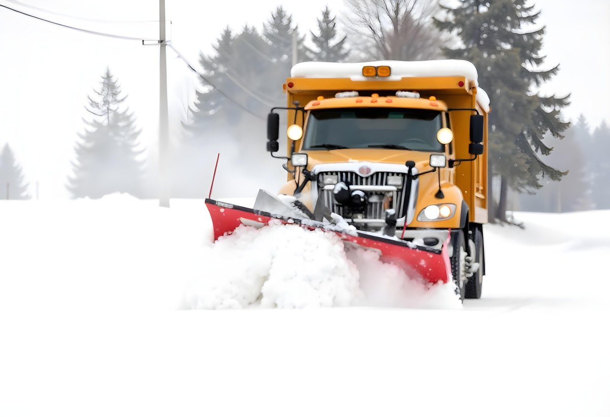 A Yellow Snowplow Truck Plowing Snow On A Road The Background Is A Snowy Landscape With Trees And Power Lines 26 D53d