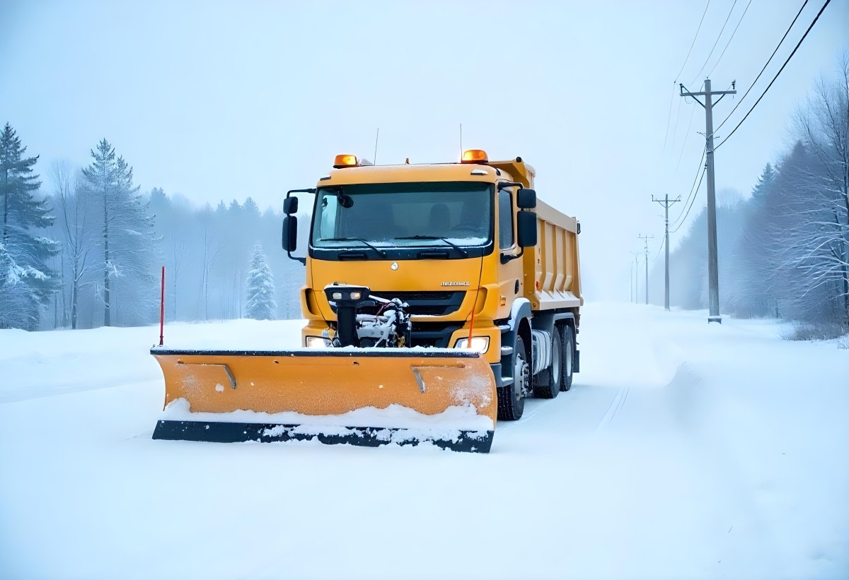 A Yellow Snowplow Truck Plowing Snow On A Road The Background Is A Snowy Landscape With Trees And Power Lines 8 Cf5c