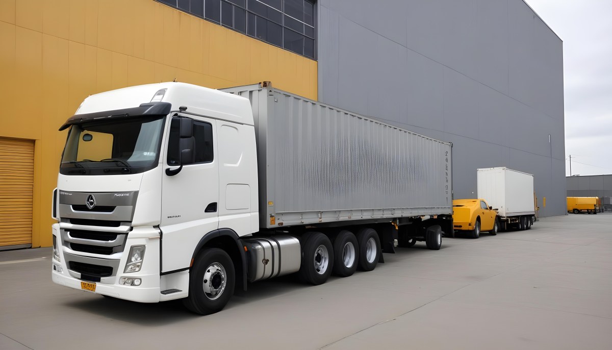 A Yellow Truck With A White Container Parked In Front Of A Factory With Metal Structures And Gray Walls 13 Ba92