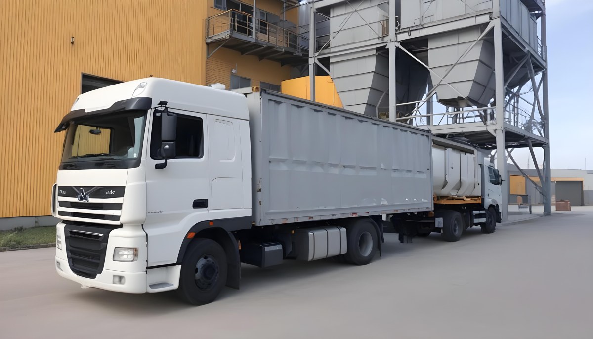A Yellow Truck With A White Container Parked In Front Of A Factory With Metal Structures And Gray Walls 14 7d56