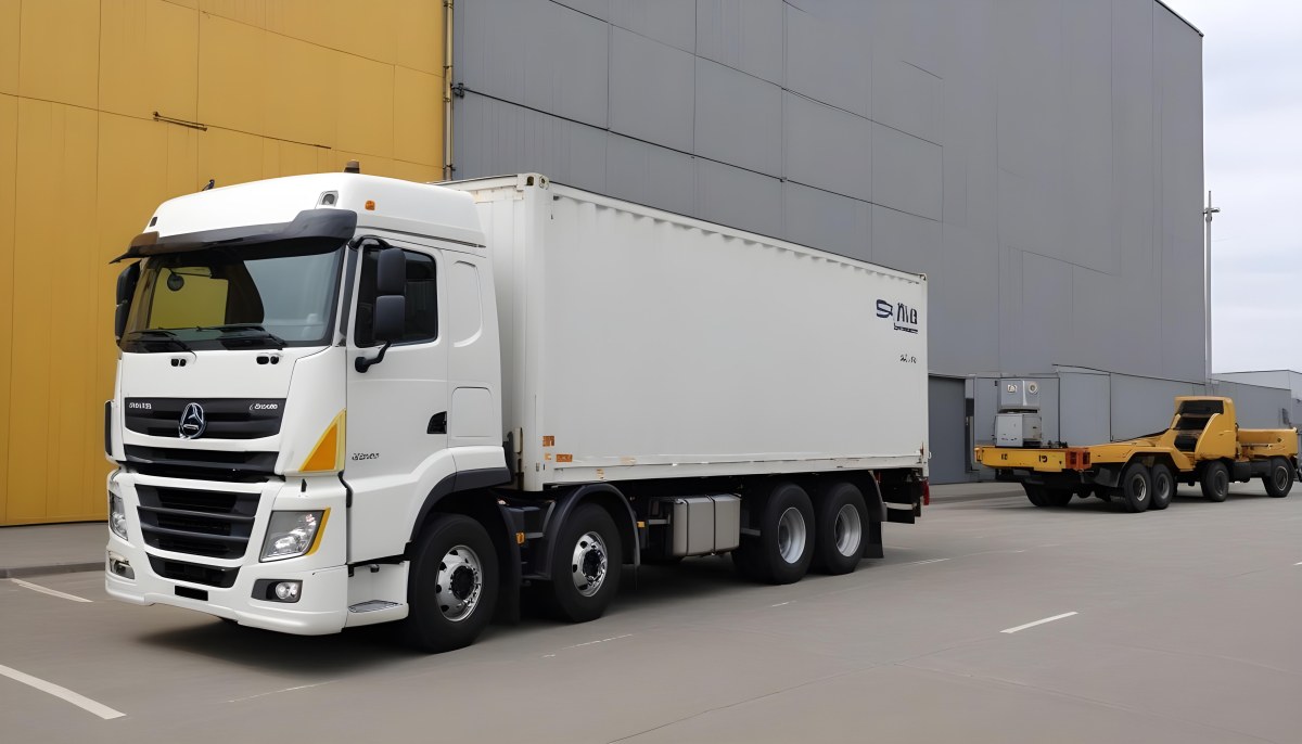 A Yellow Truck With A White Container Parked In Front Of A Factory With Metal Structures And Gray Walls 2 094b