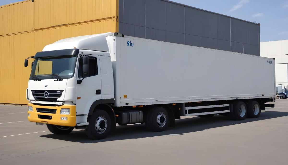 A Yellow Truck With A White Container Parked In Front Of A Factory With Metal Structures And Gray Walls 4 4277