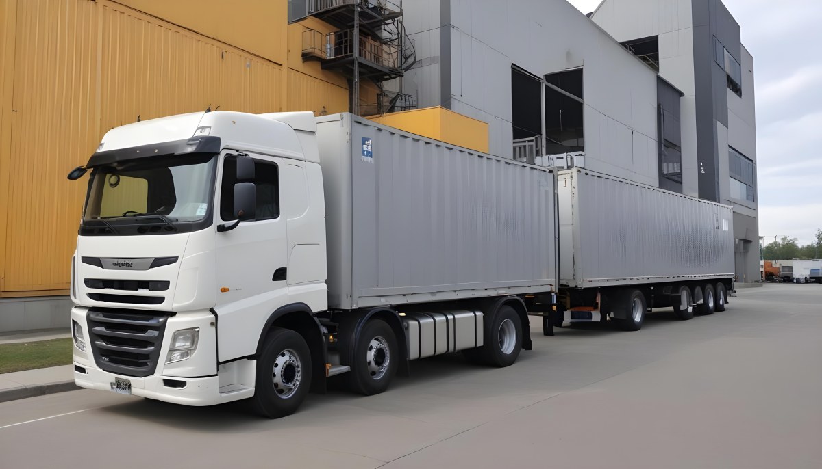 A Yellow Truck With A White Container Parked In Front Of A Factory With Metal Structures And Gray Walls 6 Af8c