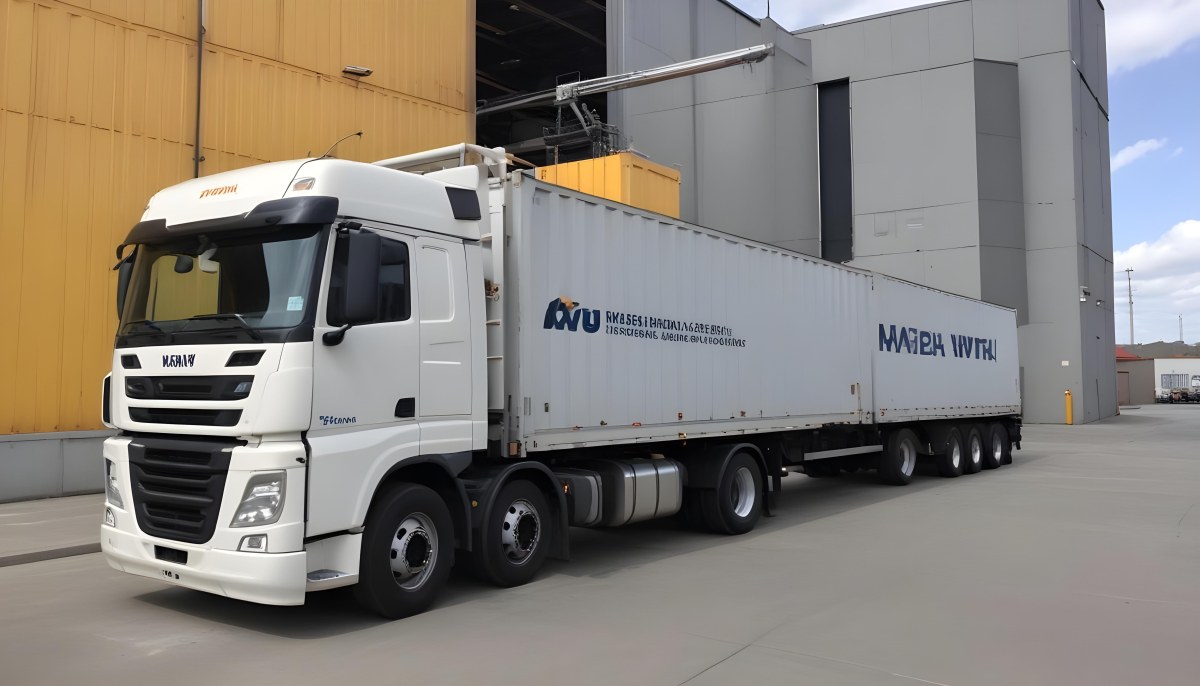 A Yellow Truck With A White Container Parked In Front Of A Factory With Metal Structures And Gray Walls 9 7d1b