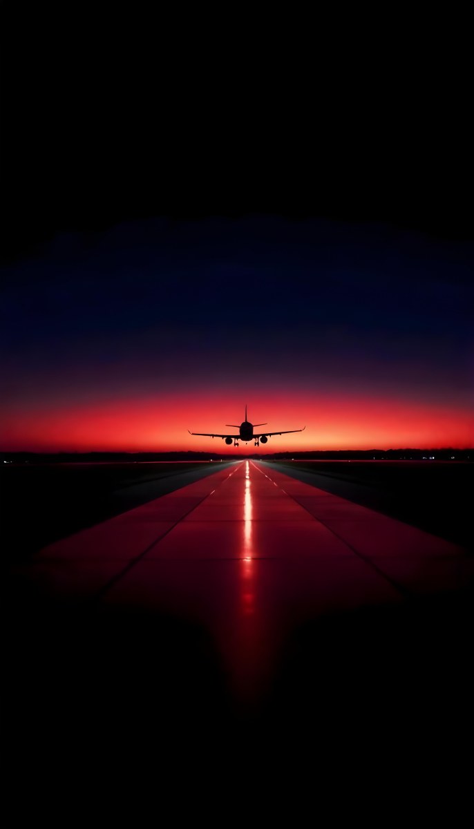 Airplane On A Runway At Night Red And Black Color Palette The Sky Is Dark With A Red Glow Dramatic Lighting 1 C9de