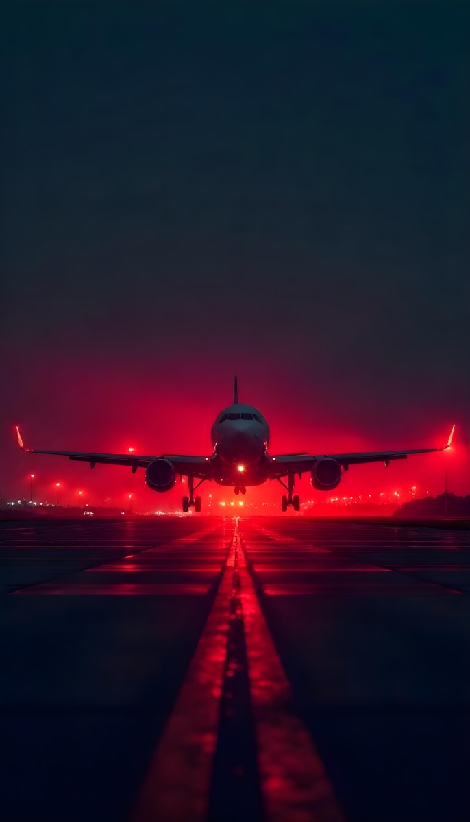 Airplane On A Runway At Night Red And Black Color Palette The Sky Is Dark With A Red Glow Dramatic Lighting 13 C088