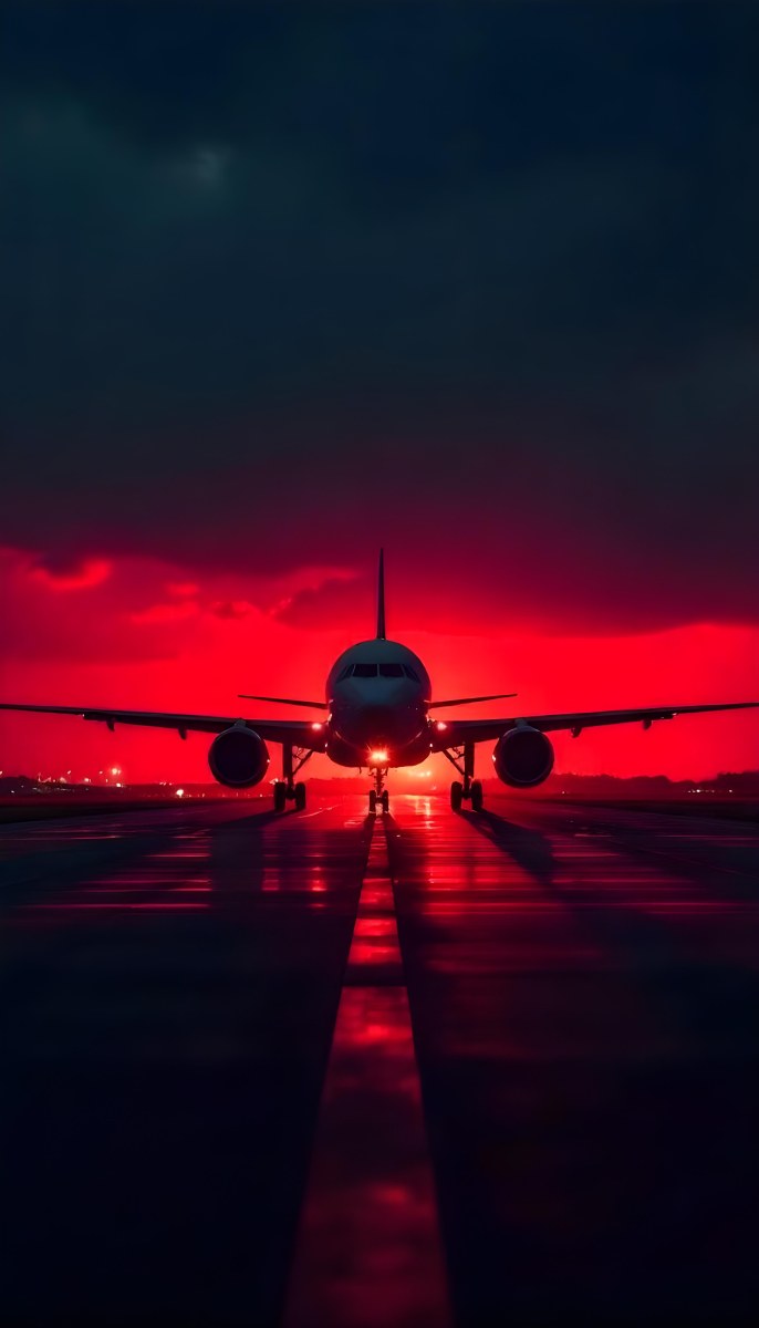 Airplane On A Runway At Night Red And Black Color Palette The Sky Is Dark With A Red Glow Dramatic Lighting 14 60f7
