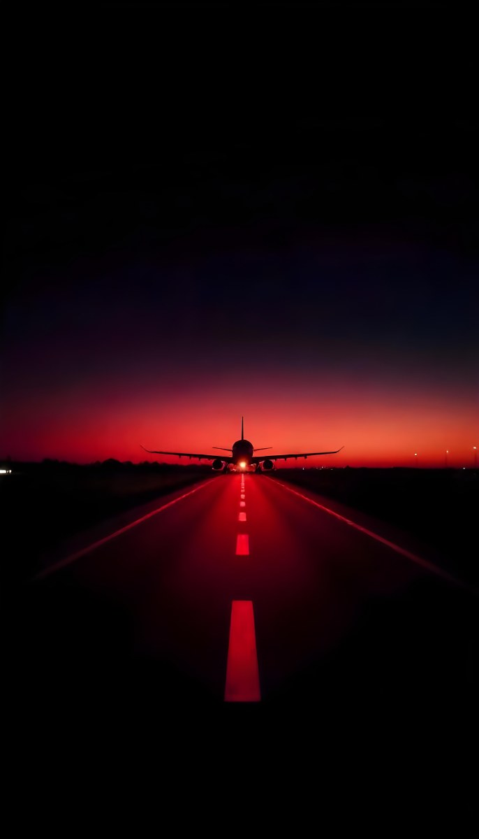 Airplane On A Runway At Night Red And Black Color Palette The Sky Is Dark With A Red Glow Dramatic Lighting 15 85ba