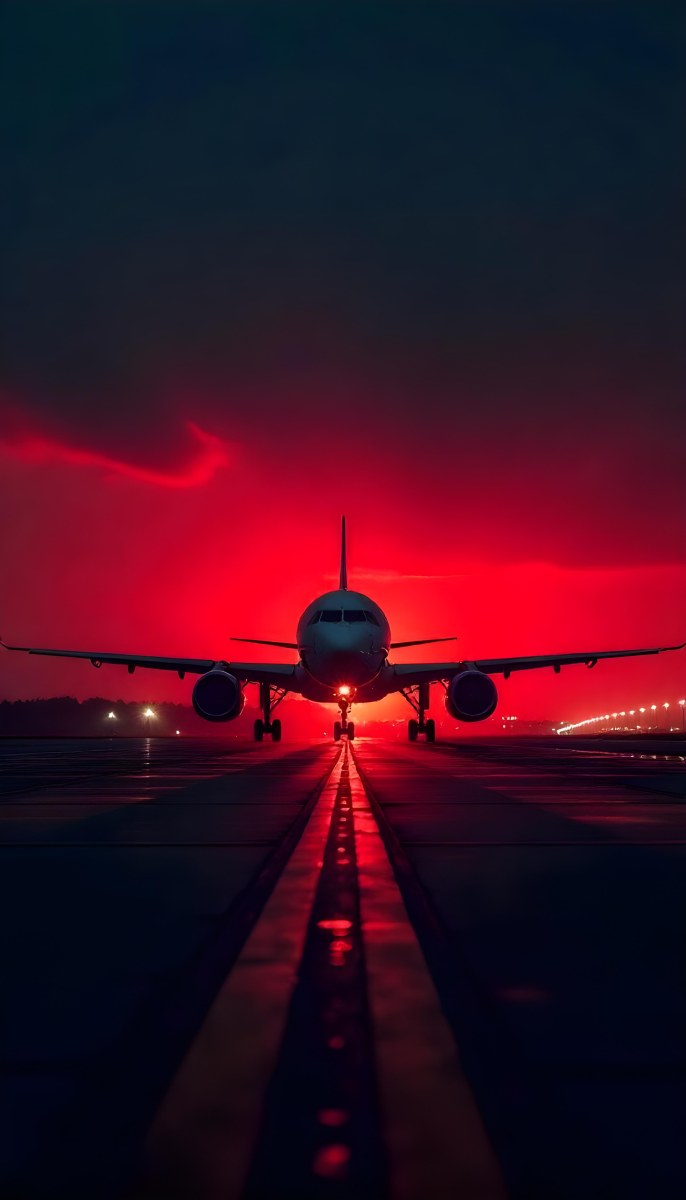 Airplane On A Runway At Night Red And Black Color Palette The Sky Is Dark With A Red Glow Dramatic Lighting 17 2bd6