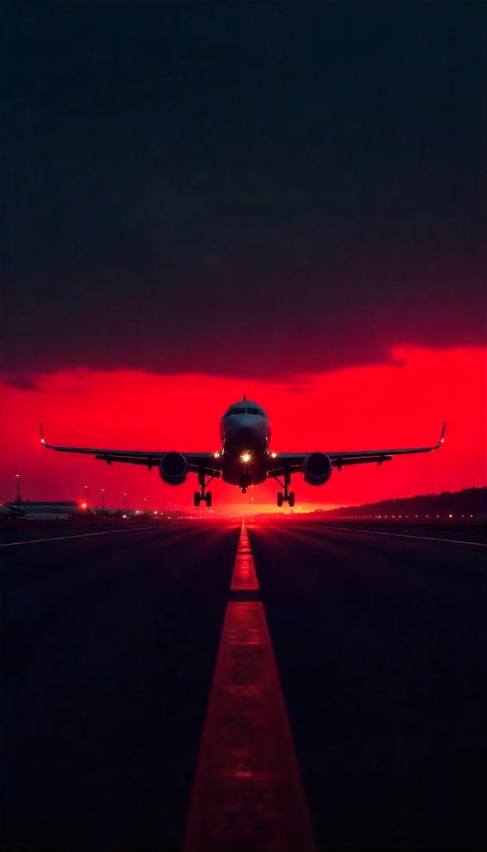 Airplane On A Runway At Night Red And Black Color Palette The Sky Is Dark With A Red Glow Dramatic Lighting 18 5073