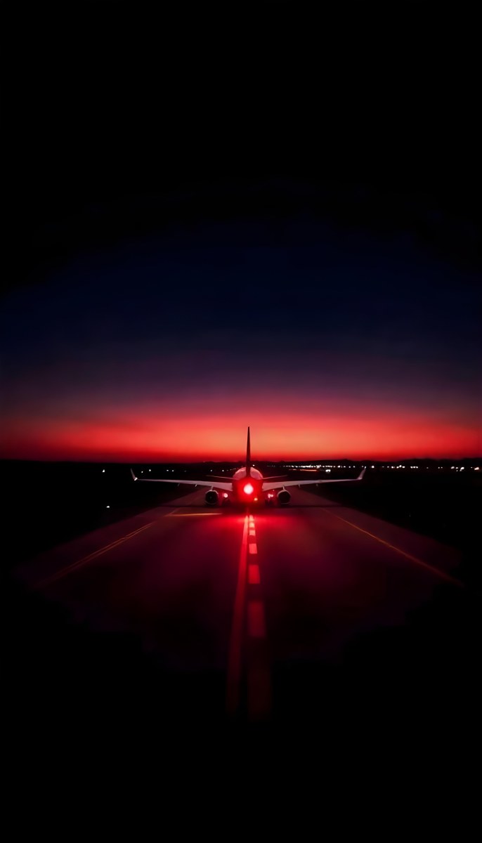 Airplane On A Runway At Night Red And Black Color Palette The Sky Is Dark With A Red Glow Dramatic Lighting 4 74fa