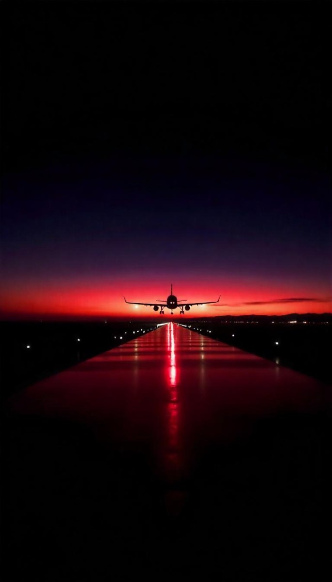 Airplane On A Runway At Night Red And Black Color Palette The Sky Is Dark With A Red Glow Dramatic Lighting 5 Ce7b