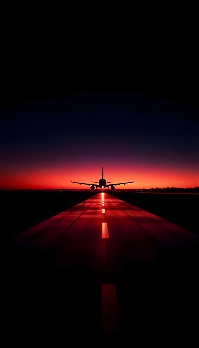 Airplane On A Runway At Night Red And Black Color Palette The Sky Is Dark With A Red Glow Dramatic Lighting 6 C831