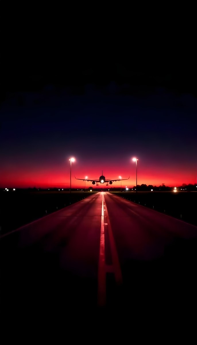 Airplane On A Runway At Night Red And Black Color Palette The Sky Is Dark With A Red Glow Dramatic Lighting 7 7c74