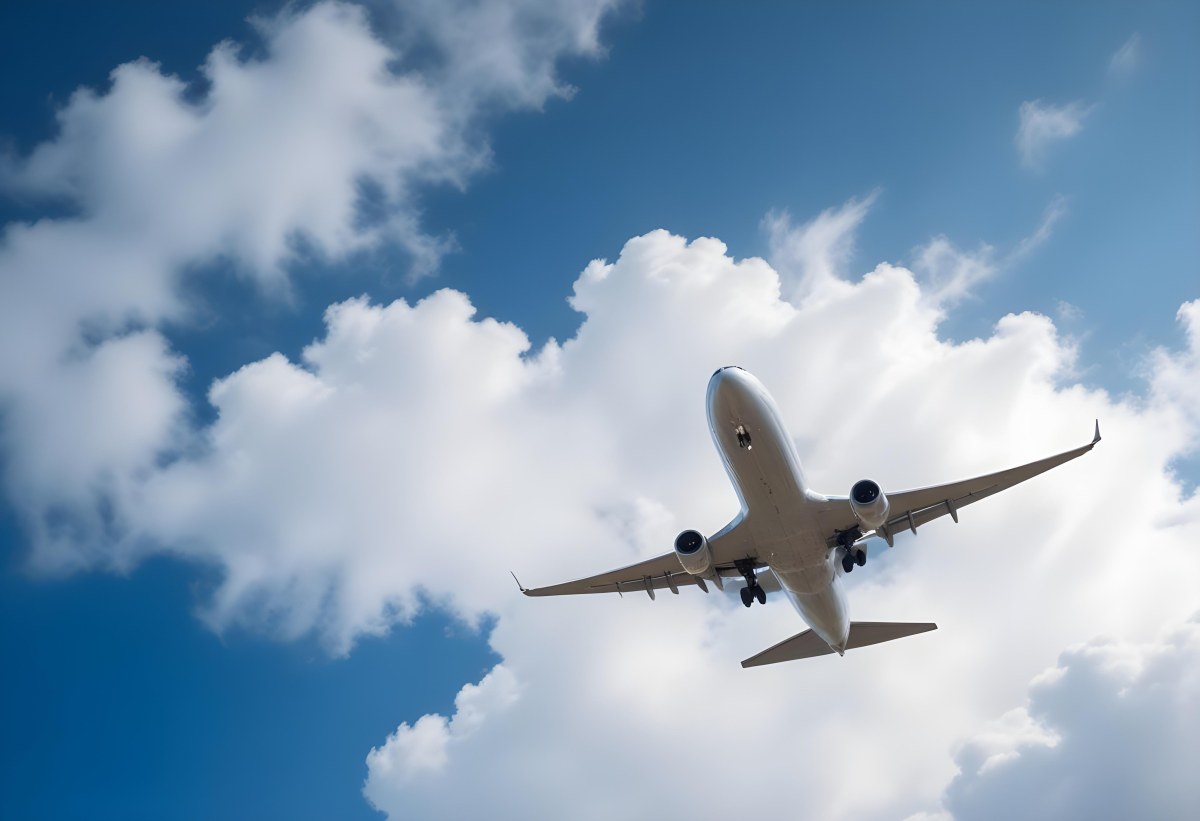 An Airplane Flying Against A Backdrop Of Blue Sky With Scattered Clouds The Aircraft Is Viewed From Below Showcasing Its Wings And Tail 10 7603