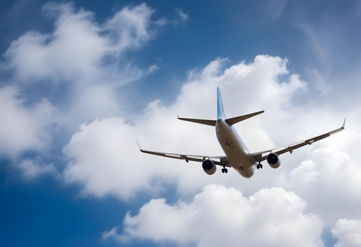 An Airplane Flying Against A Backdrop Of Blue Sky With Scattered Clouds The Aircraft Is Viewed From Below Showcasing Its Wings And Tail 20 6466