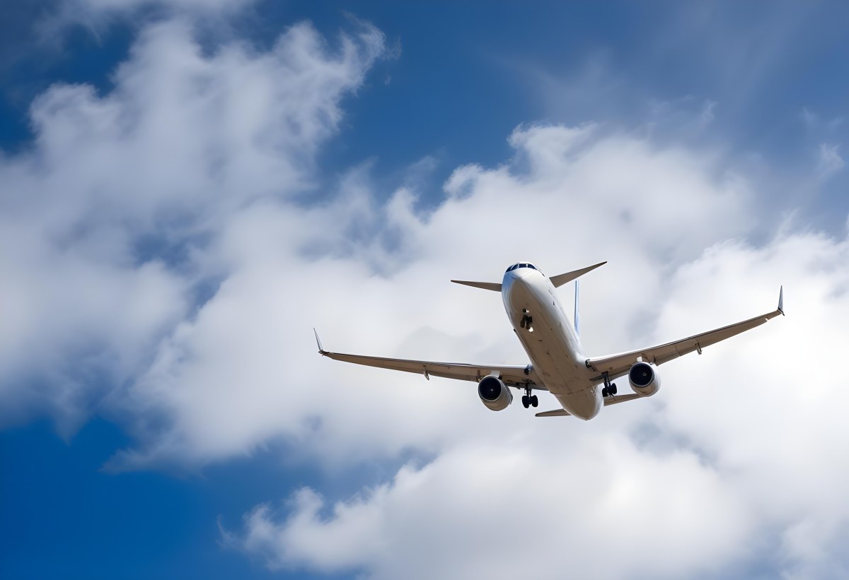 An Airplane Flying Against A Backdrop Of Blue Sky With Scattered Clouds The Aircraft Is Viewed From Below Showcasing Its Wings And Tail 21 B41e