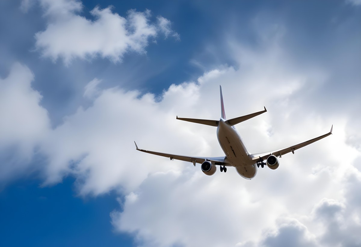 An Airplane Flying Against A Backdrop Of Blue Sky With Scattered Clouds The Aircraft Is Viewed From Below Showcasing Its Wings And Tail 23 D448