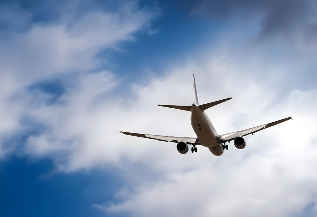 An Airplane Flying Against A Backdrop Of Blue Sky With Scattered Clouds The Aircraft Is Viewed From Below Showcasing Its Wings And Tail 24 8205