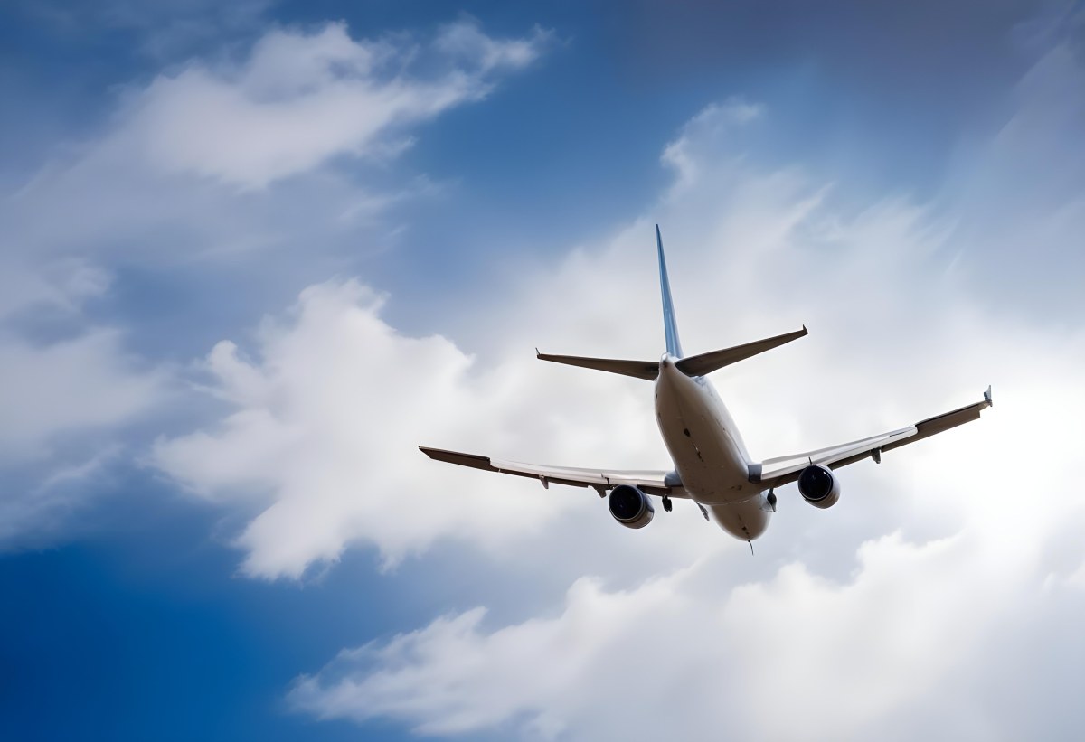 An Airplane Flying Against A Backdrop Of Blue Sky With Scattered Clouds The Aircraft Is Viewed From Below Showcasing Its Wings And Tail 7 0cb6