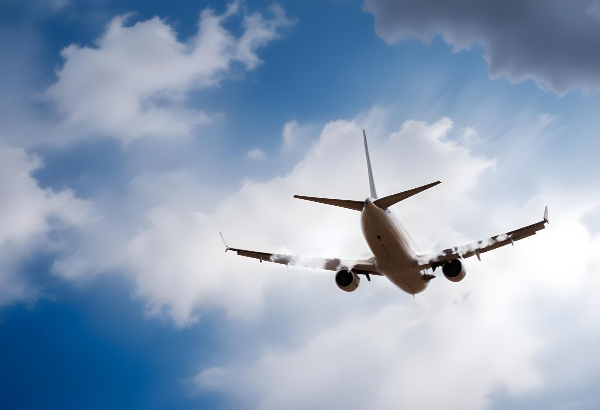 An Airplane Flying Against A Backdrop Of Blue Sky With Scattered Clouds The Aircraft Is Viewed From Below Showcasing Its Wings And Tail 8 17b5
