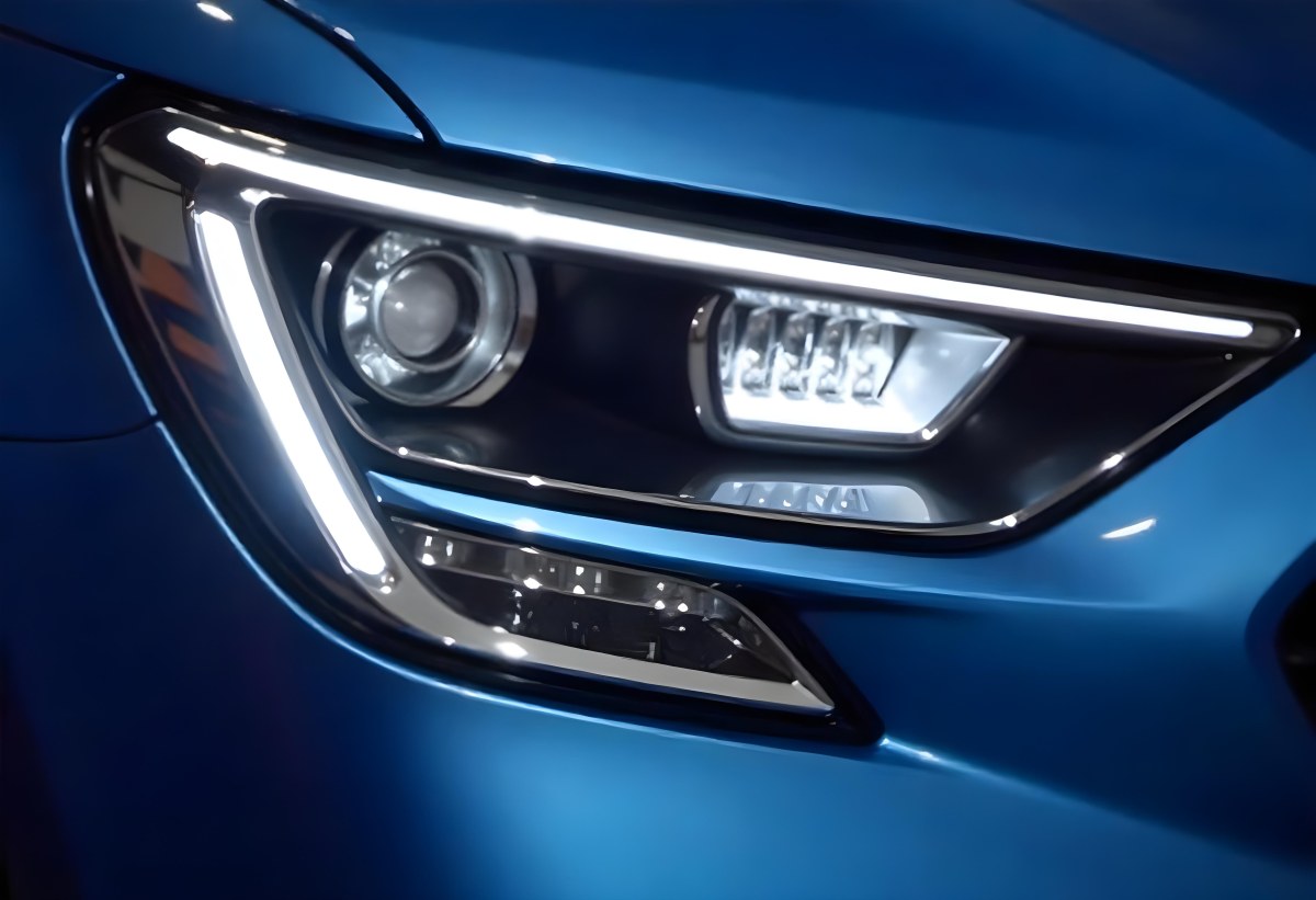 Car Headlight With Chrome Trim And Led Lights Blue Car Paint In The Background Close Up Shot 20 Ddb8