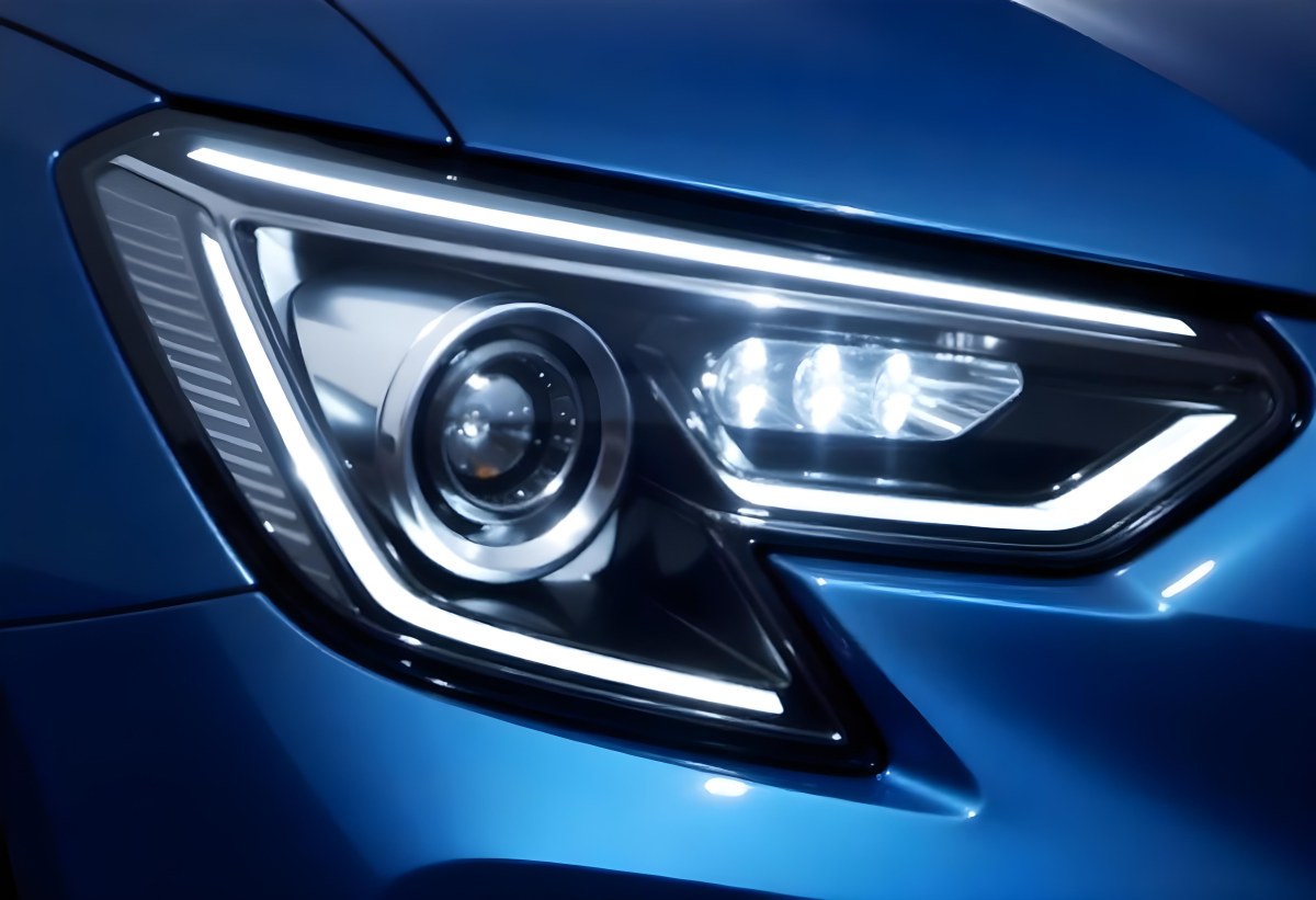 Car Headlight With Chrome Trim And Led Lights Blue Car Paint In The Background Close Up Shot 47 A0f4