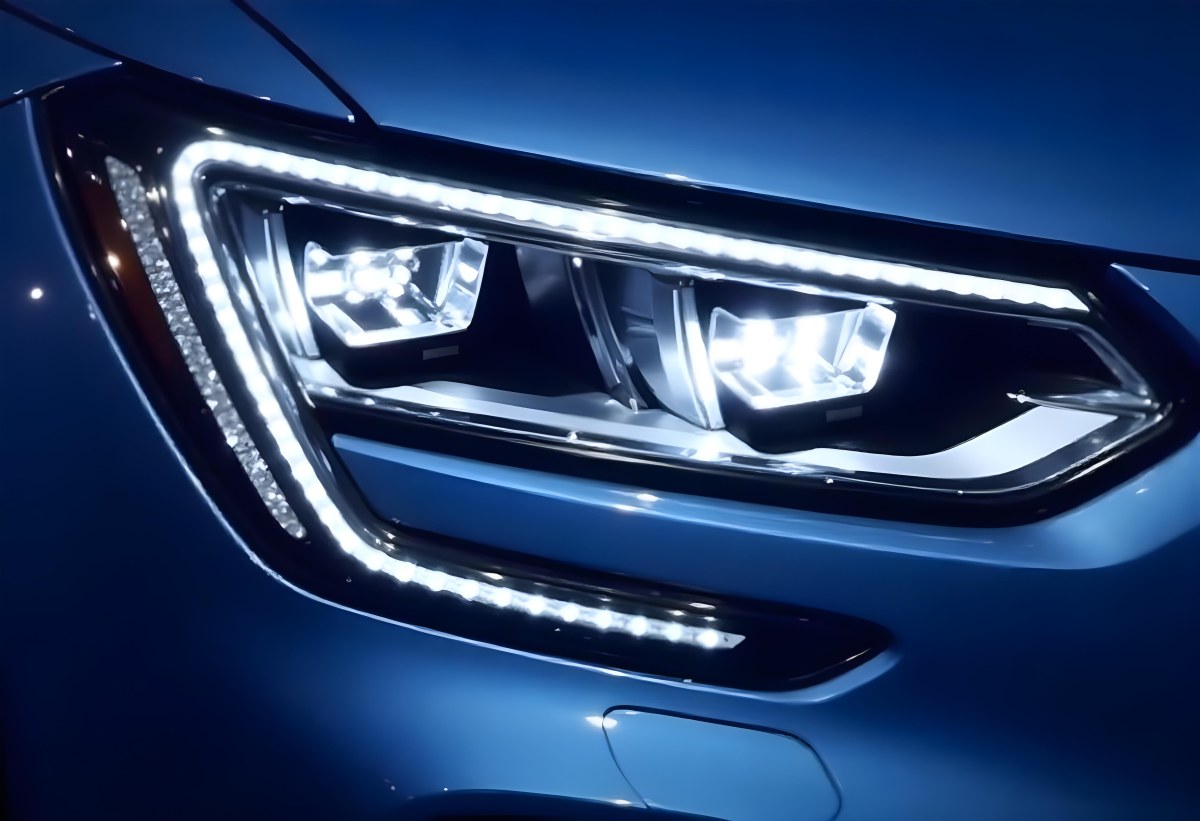 Car Headlight With Chrome Trim And Led Lights Blue Car Paint In The Background Close Up Shot 51 6ffa