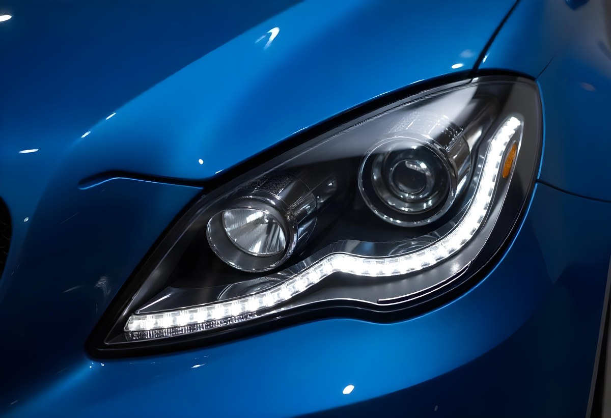 Car Headlight With Chrome Trim And Led Lights Blue Car Paint In The Background Close Up Shot 54 E2c9