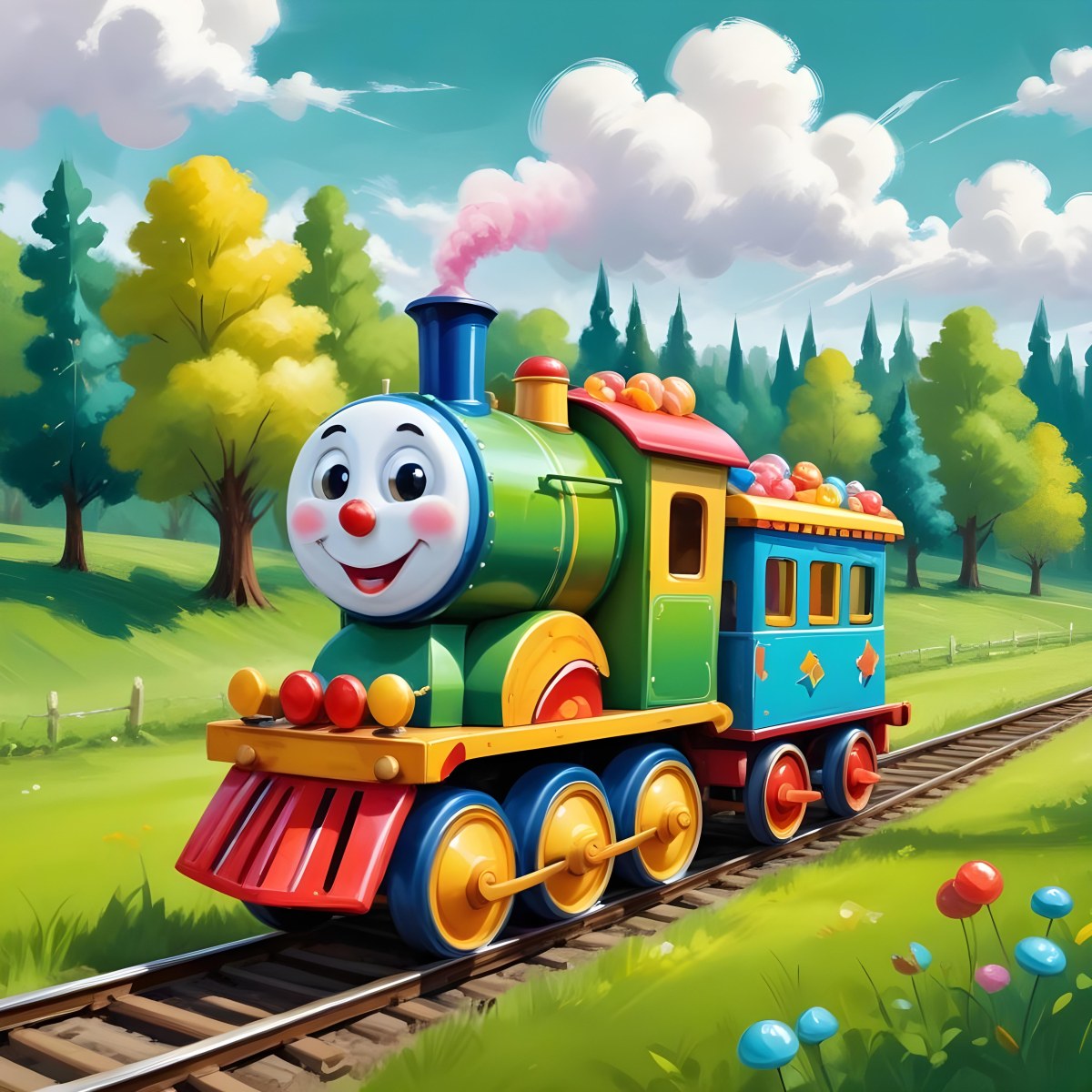 Digital Painting A Colorful Toy Train With A Smiling Face Carrying Candy In Its Wagons On A Green Field With Trees And Clouds In The Background Bold And Slim Lines Brush Strokes 12 82a7