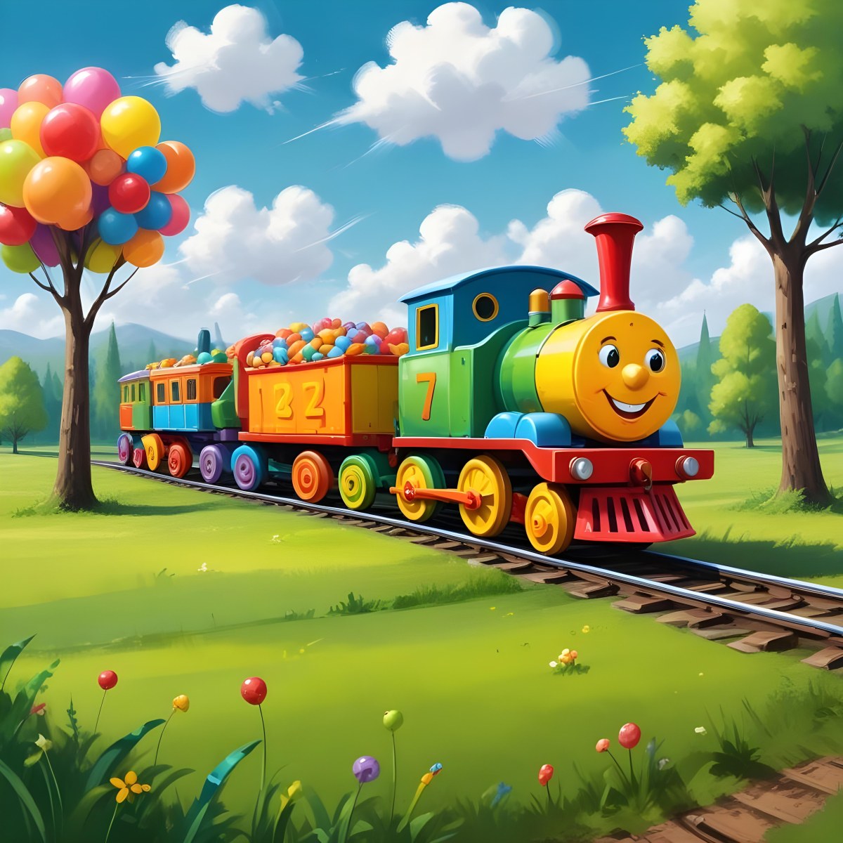 Digital Painting A Colorful Toy Train With A Smiling Face Carrying Candy In Its Wagons On A Green Field With Trees And Clouds In The Background Bold And Slim Lines Brush Strokes 20 7f8d