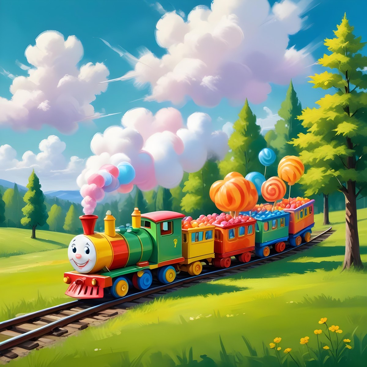Digital Painting A Colorful Toy Train With A Smiling Face Carrying Candy In Its Wagons On A Green Field With Trees And Clouds In The Background Bold And Slim Lines Brush Strokes 26 8895