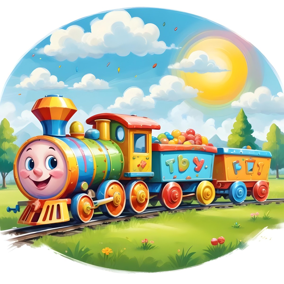 Digital Painting A Colorful Toy Train With A Smiling Face Carrying Candy In Its Wagons On A Green Field With Trees And Clouds In The Background Bold And Slim Lines Brush Strokes 40 4b84
