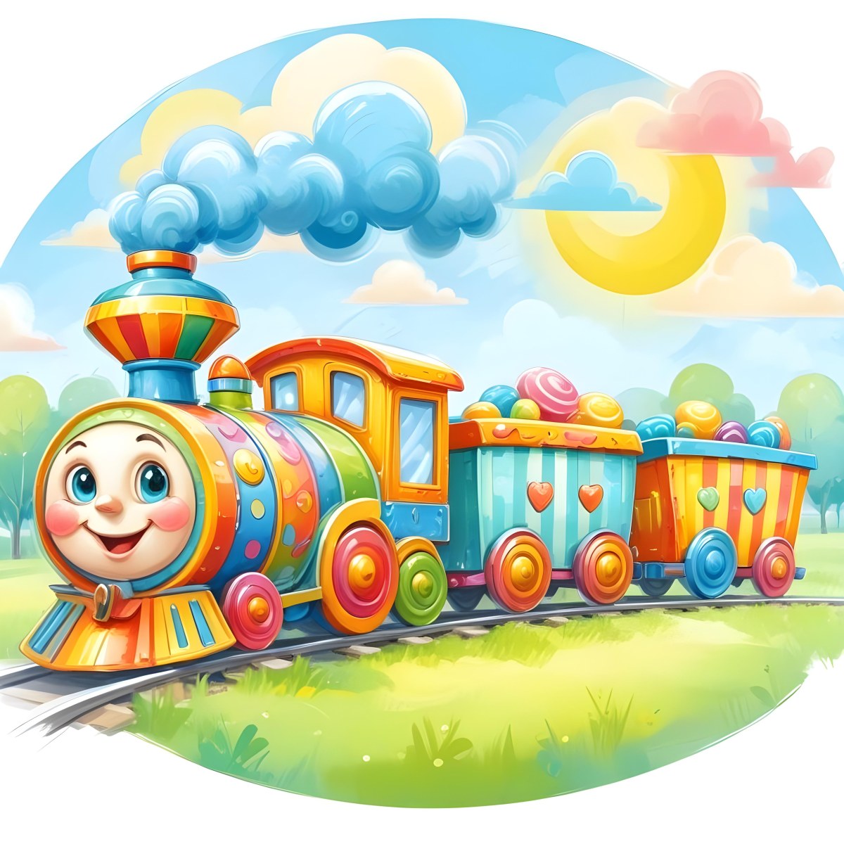 Digital Painting A Colorful Toy Train With A Smiling Face Carrying Candy In Its Wagons On A Green Field With Trees And Clouds In The Background Bold And Slim Lines Brush Strokes 44 9ec5