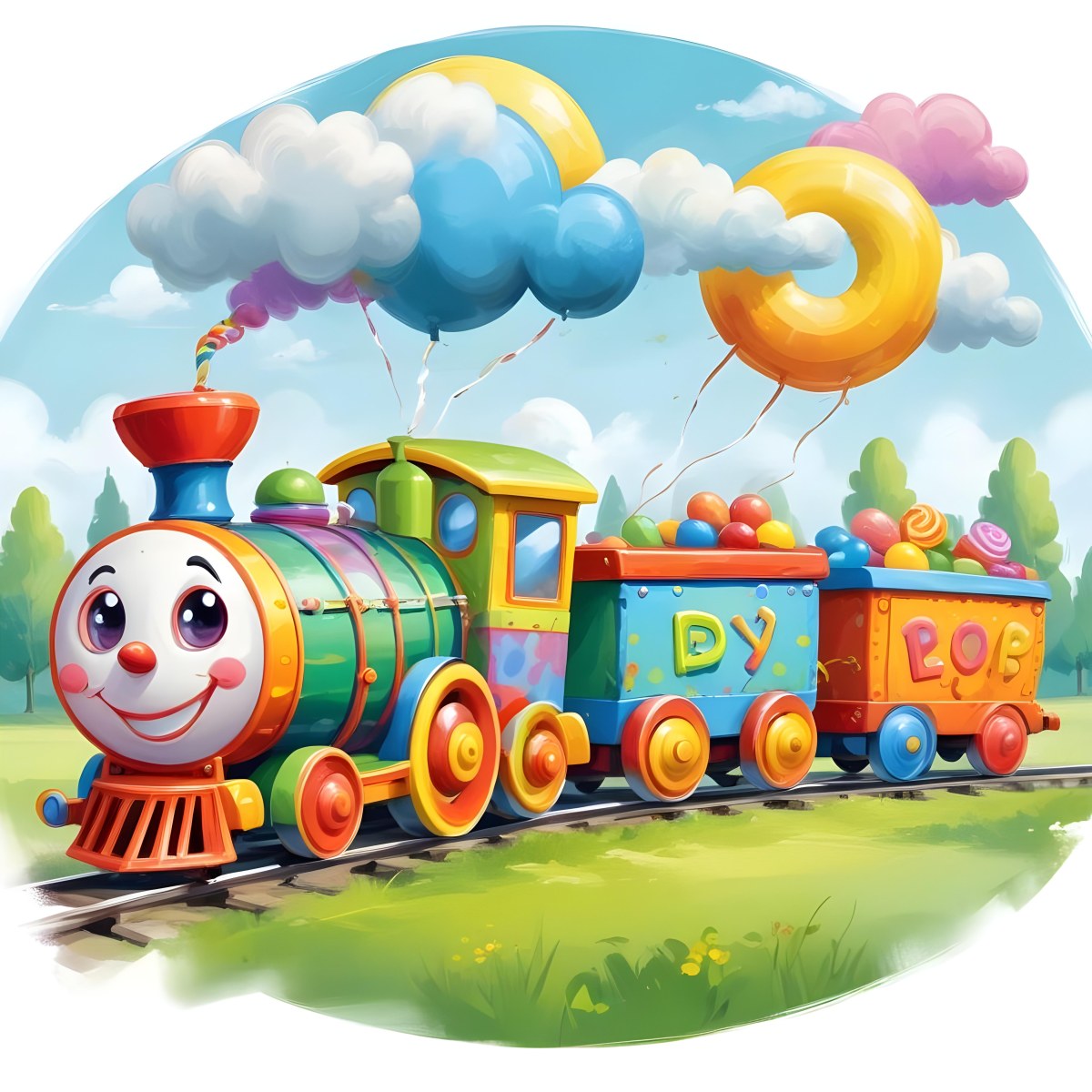 Digital Painting A Colorful Toy Train With A Smiling Face Carrying Candy In Its Wagons On A Green Field With Trees And Clouds In The Background Bold And Slim Lines Brush Strokes 52 056b