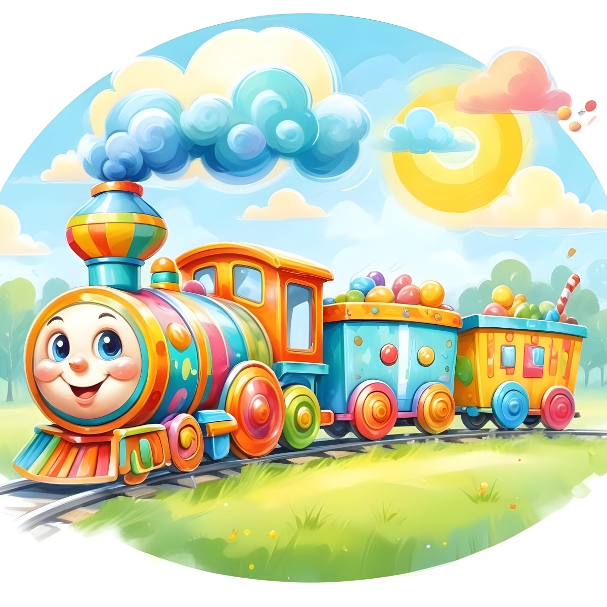 Digital Painting A Colorful Toy Train With A Smiling Face Carrying Candy In Its Wagons On A Green Field With Trees And Clouds In The Background Bold And Slim Lines Brush Strokes 56 E622