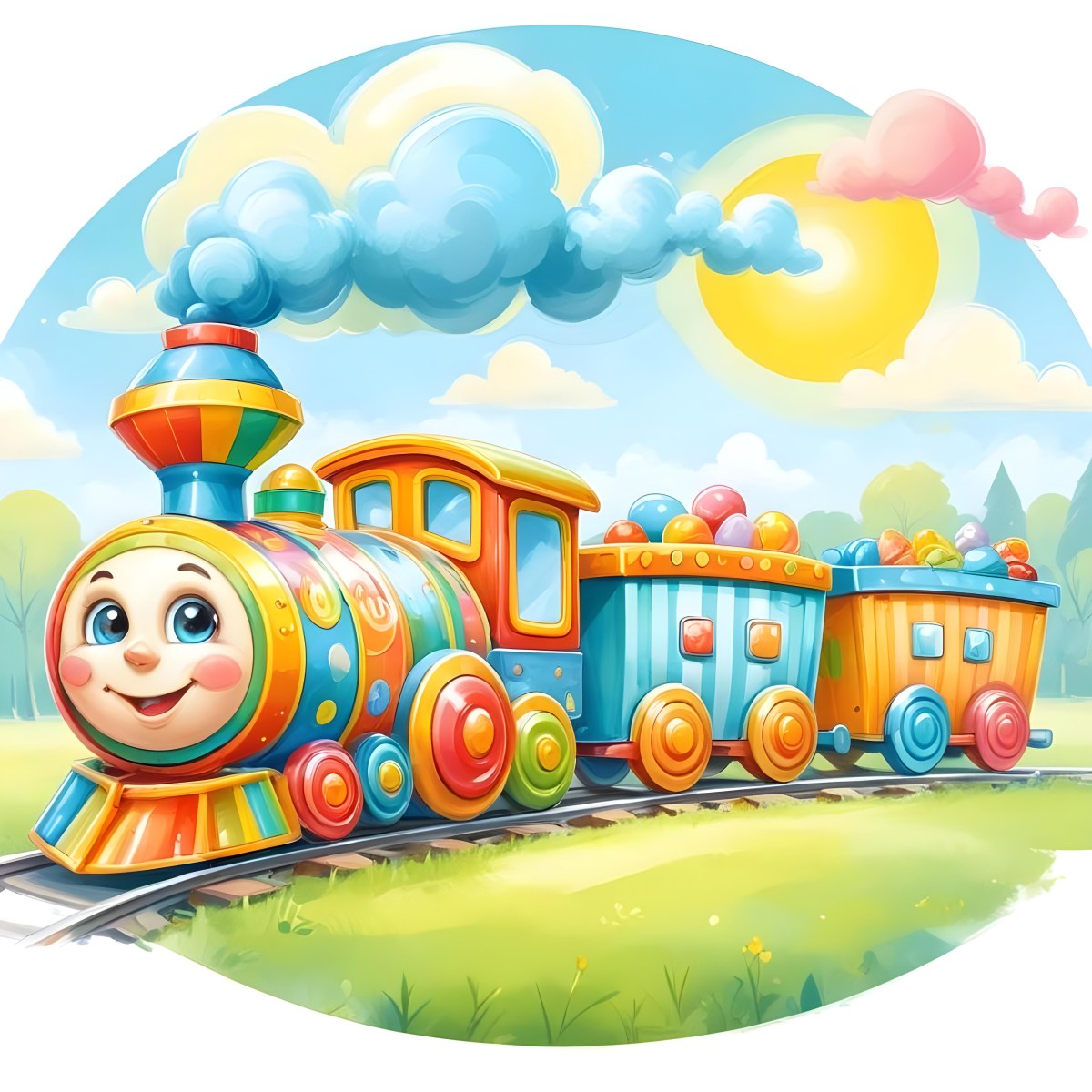 Digital Painting A Colorful Toy Train With A Smiling Face Carrying Candy In Its Wagons On A Green Field With Trees And Clouds In The Background Bold And Slim Lines Brush Strokes 58 180d